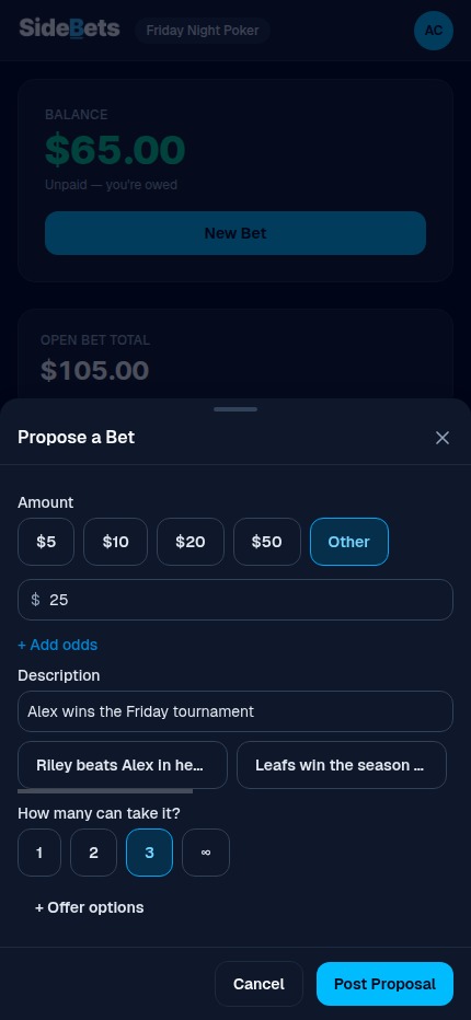 The Propose a Bet sheet with the amount chips, a description, and the capacity chips for one, two, three, or unlimited takers