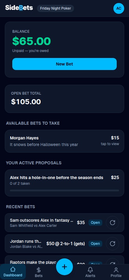 The Side Bets dashboard showing a group's balance, open bet total, available proposals, and recent bets