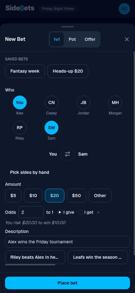 The New Bet form with 2-to-1 odds set and the risk-to-win preview line
