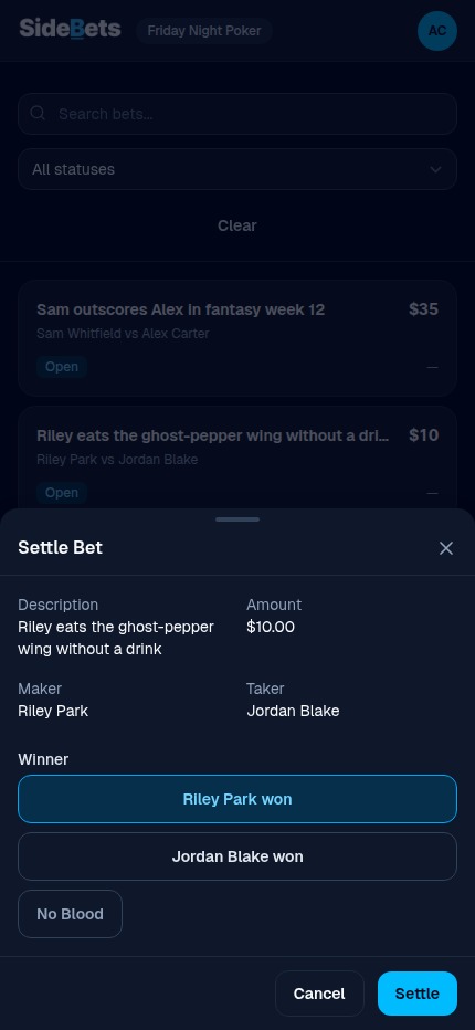 The Settle Bet dialog with a named winner button selected beside the No Blood option