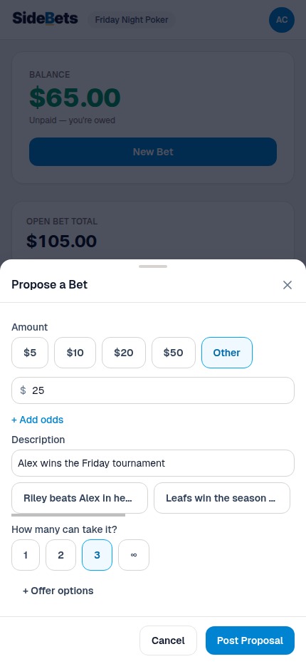 The Propose a Bet sheet with the amount chips, a description, and the capacity chips for one, two, three, or unlimited takers