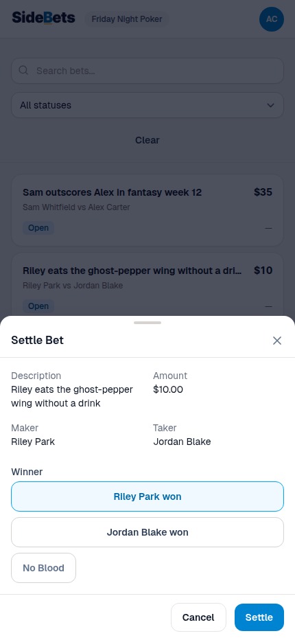 The Settle Bet dialog with a named winner button selected beside the No Blood option